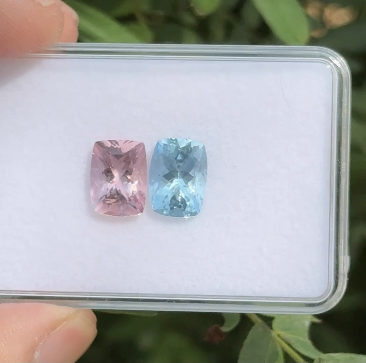 natural aquamarine & morganite pair long cushion